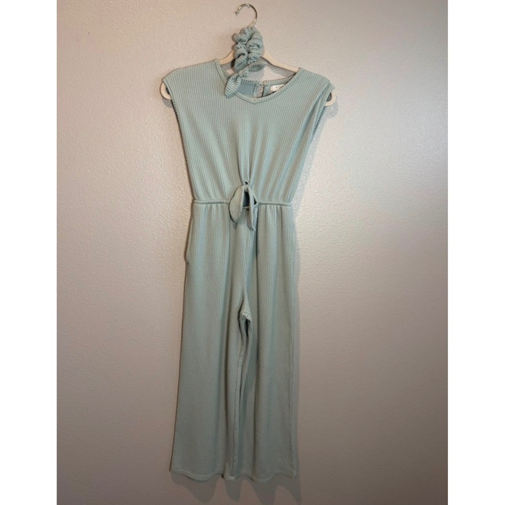 No Comment Girls Sage Green Ribbed Wide Leg Jumpsuit Scrunchie Set Size 10/12
